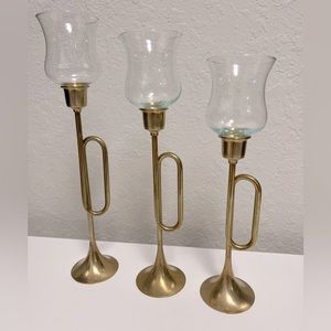 Vintage Set of 3 Brass Bugle Candle Holders.